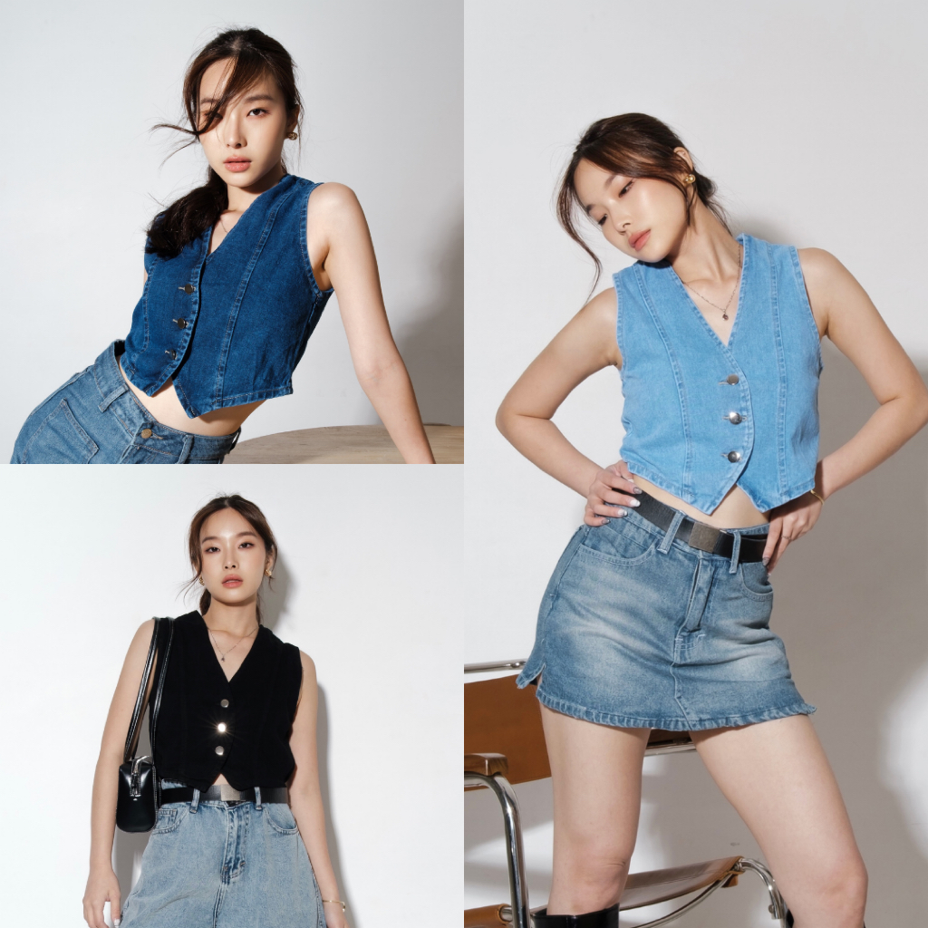 LADOUCE - Thexia Denim Vest Atasan Rompi Crop Jeans Wanita