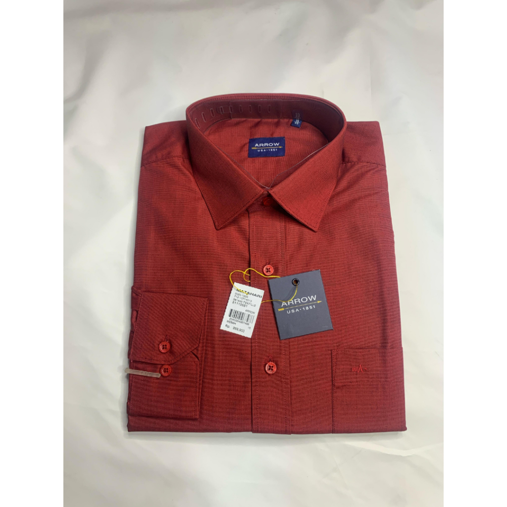 ARROW Kemeja Lengan Panjang Pria Reguler fit Warna Merah Maroon Size 15 | Matahari | Hem