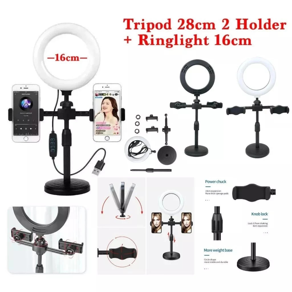 Paket Tripod 2 Holder Phone HP Smartphone Mobile Phone Beauty Stand Lampu Selfie LED RingtLight 16CM lightning ring light 16cm Tinggi 28cm 28 cm tripod hp 2 mini stand selfie streaming usb vlog lampu Desktop Live Fill Light 6 inch Led 360 Multifungsi