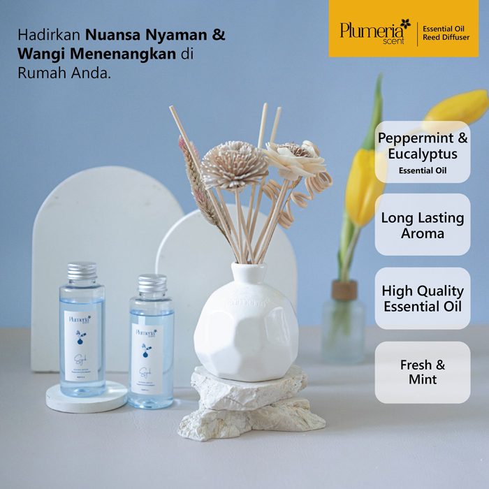 Plumeria Scent Ceramic Reed Diffuser - Sejuk (Peppermint & Eucalyptus Essential Oil) - Pengharum Rua