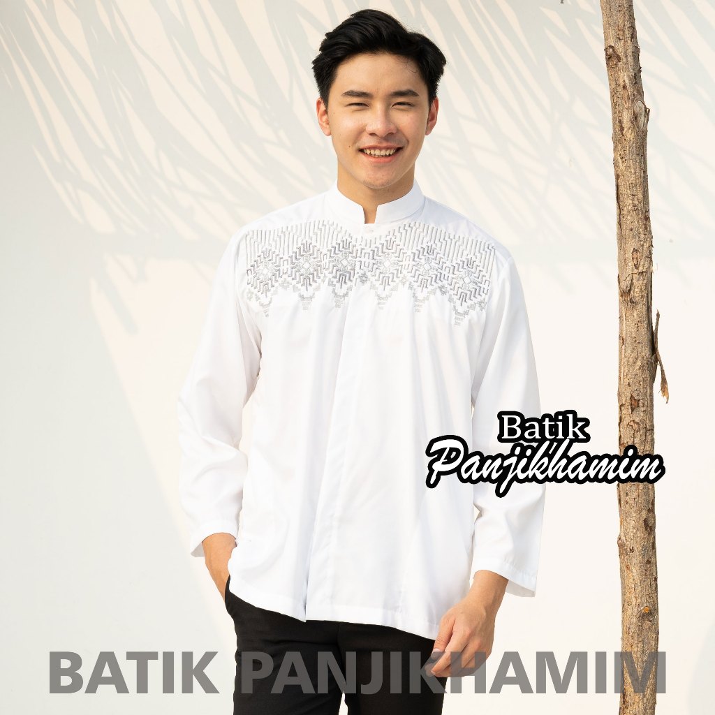 DISKON BAJU KOKO PRIA LENGAN PANJANG BORDIR WARNA ABU TUA PUTIH BIRU MUDA KATUN BUSANA MUSLIM DEWASA