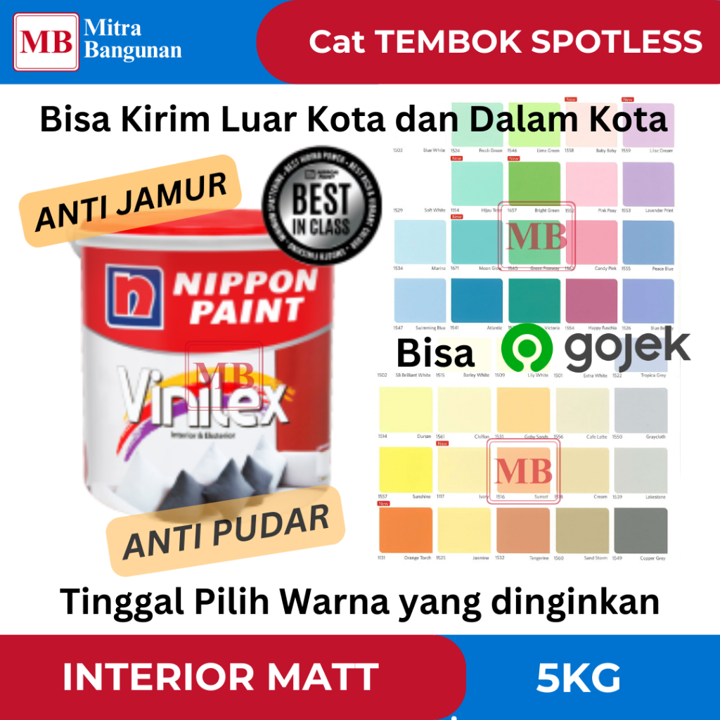 NIPPON PAINT VINILEX CAT TEMBOK PLAFON INTERIOR 5KG WARNA PUTIH,BIRU,HIJAU,COKLAT,ABU,KREM,DLLDLL