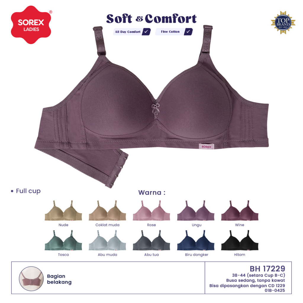 Sorex Bra Soft & Comfort Tanpa Kawat Cup C Kait 4 Busa Sedang Full Cup BH 17229