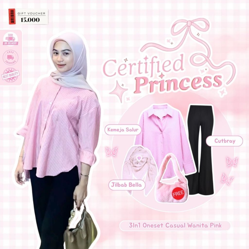 One Set Hijab Ootd Kekinian 3in1 | Kemeja Salur Pink, Celana Cutbray Scuba Hitam, Hijab Bella Square