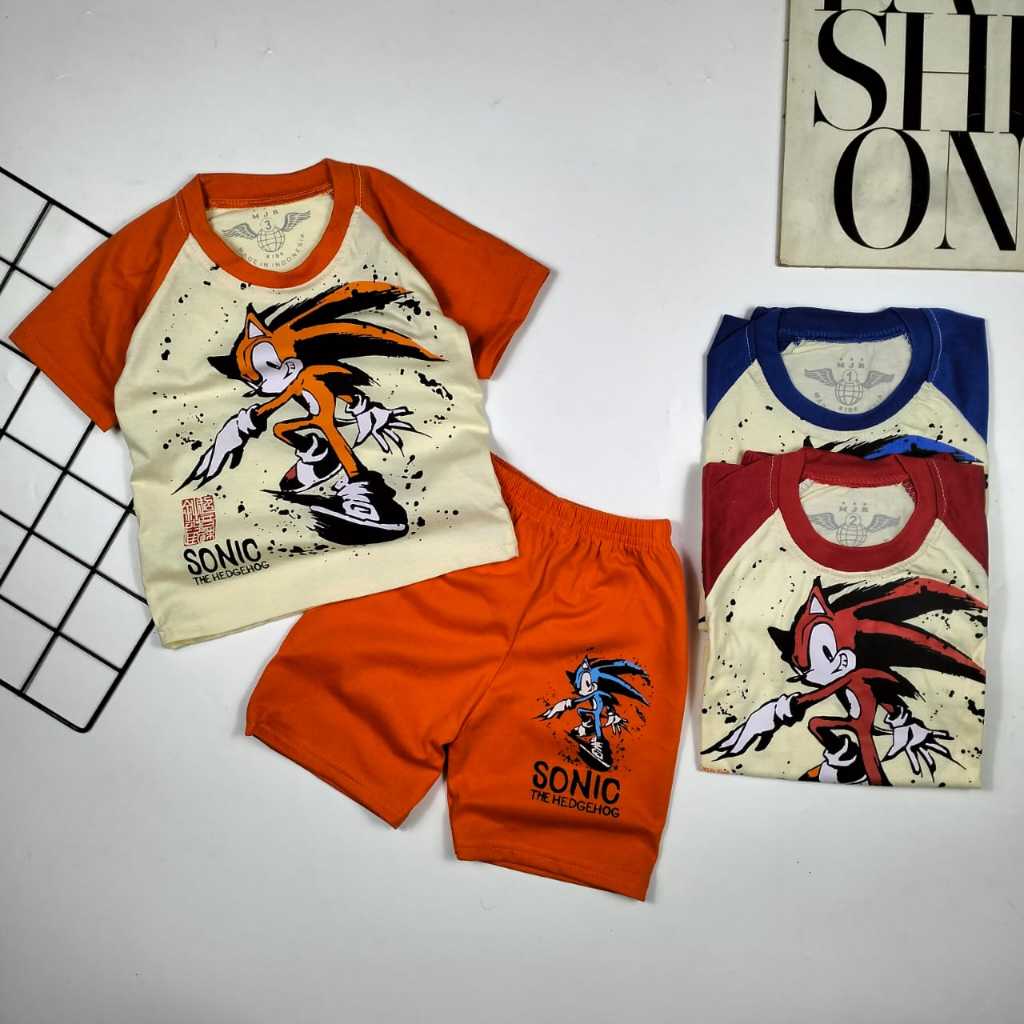 Stelan Baju Anak/Kaos Anak Laki Dan Perempuan/Baju Kaos Stelan/Sonic Warna Lengan Pendek