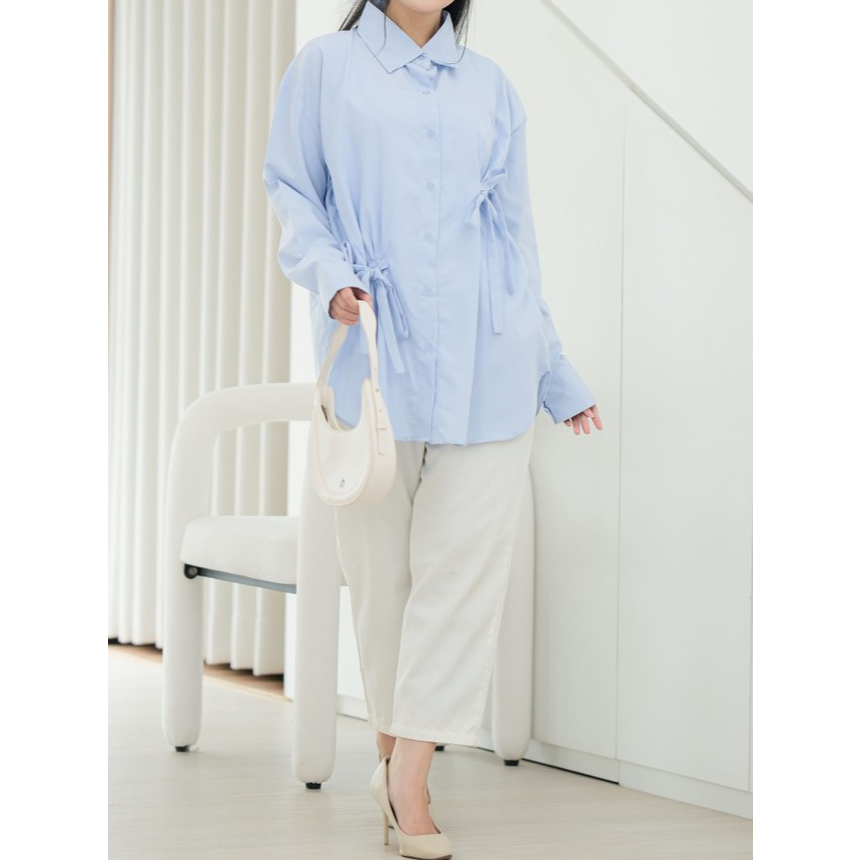 ANINDYA TOP by Flomali | Kemeja Wanita Tali Blouse Formal Panjang Muslimah Biru Putih