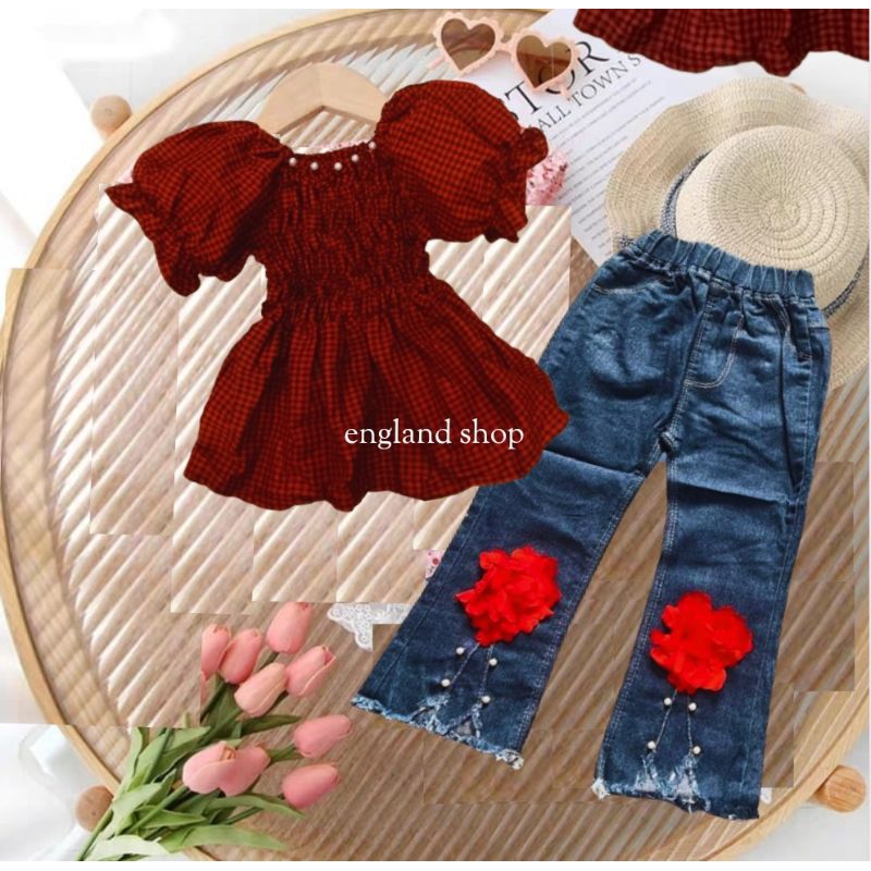 baju setelan anak perempuan import model korean atasan sabrina kerut mutiara