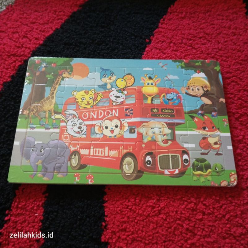 Puzzle kayu gambar bus binatang