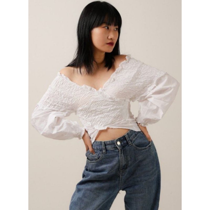 PRELOVED BLOUSE ATASAN ZARA ORIGINAL OFF SHOULDER RUFFLE CROP TOP