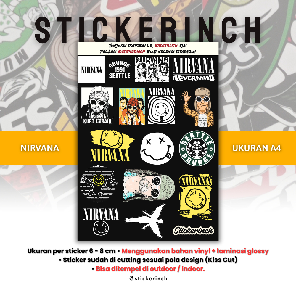 

Sticker Pack Nirvana | Bahan Vinyl Glossy & Kiss Cut | Tahan Air dan Tahan Cuaca | Ukuran A4, A5, A6