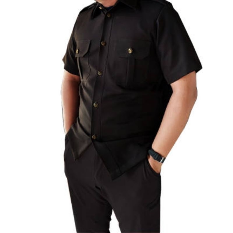 seragam safari security tangan pendek bahan tebal warna hitam
