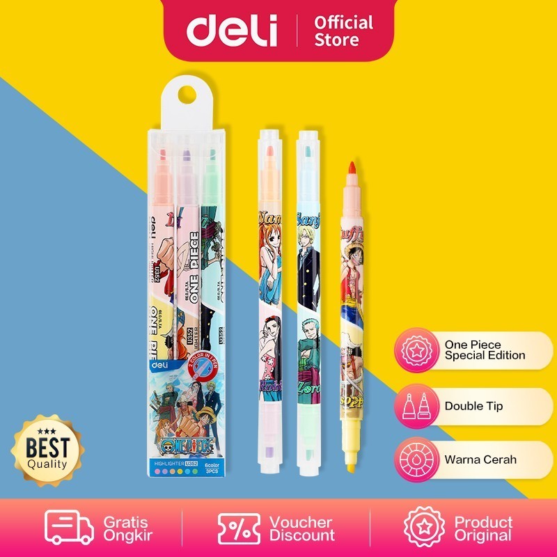 

Deli Highlighter pen One piece stabilo warna warni 1 set isi 3pcs