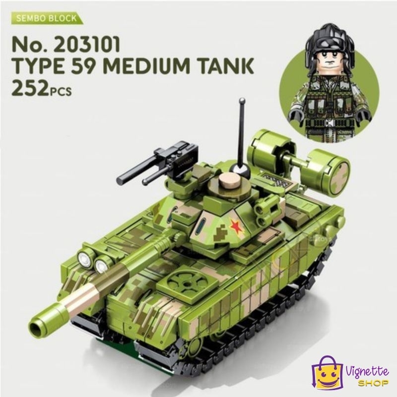 Brick Sembo Mainan Balok Susun Battle Tank Kendaraan Perang Type 59 Medium Tank 203101 Toys