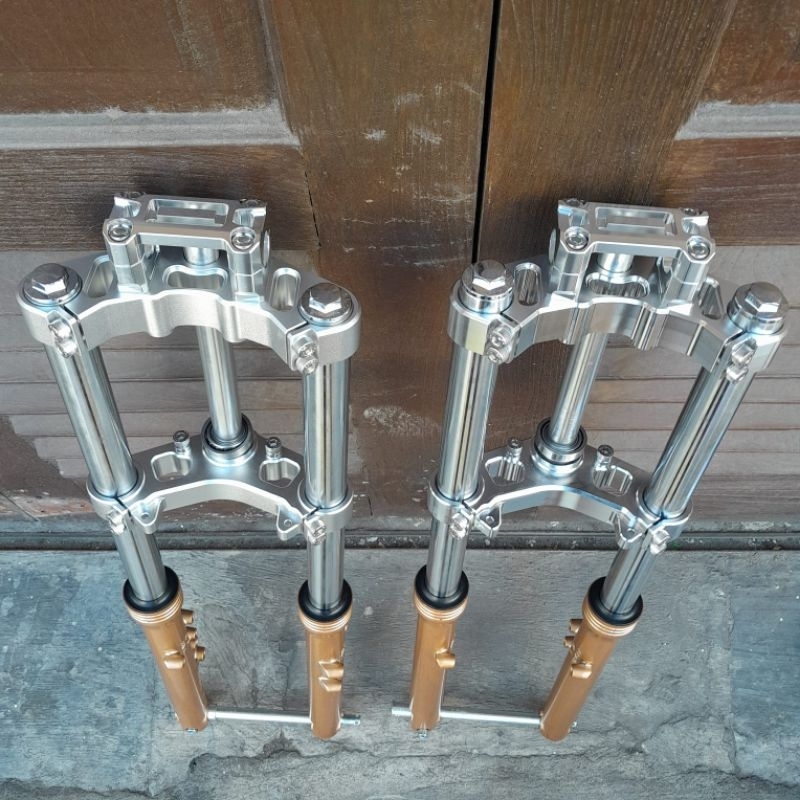Shock Depan Model Ninja Segitiga FULL CNC PNP Honda CB GL MP Tiger Silver kilap dan silver cat vapoo