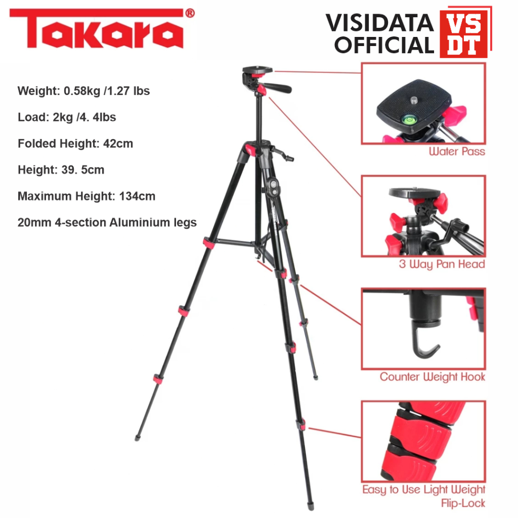 TAKARA ECO-204 Tripod untuk kamera HP Mirrorless, action cam, Handphone - tinggi max 134 cm