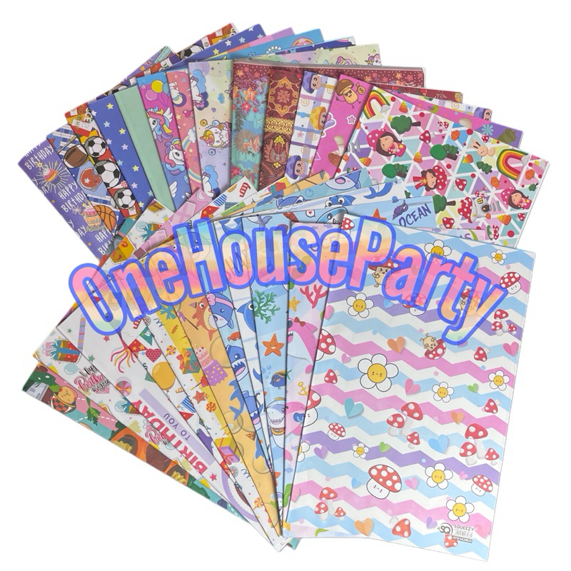 

Kertas Kado aneka motif karakter lucu anak kertas pembungkus kado ulang tahun one house party