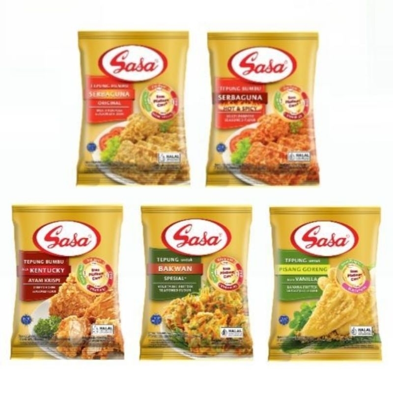 

SASA TEPUNG BUMBU INSTAN RENTENG isi 10 SACHET BAKWAN SPESIAL 90gr KENTUCKY AYAM KRISPI 70gr PISANG GORENG 70gr SERBAGUNA 70gr SERBAGUNA HOT & SPICY 70gr