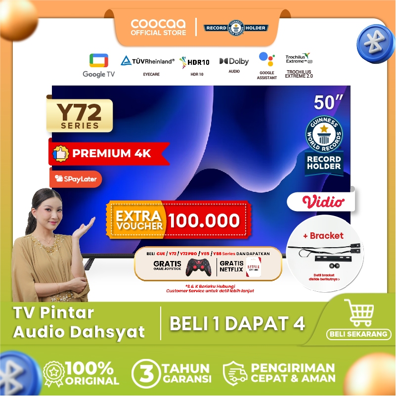 [+ BRACKET] COOCAA TV 50 inch Y72 - 4K GOOGLE TV - Smart TV - EYE CARE - Google Assistant - Dolby Au