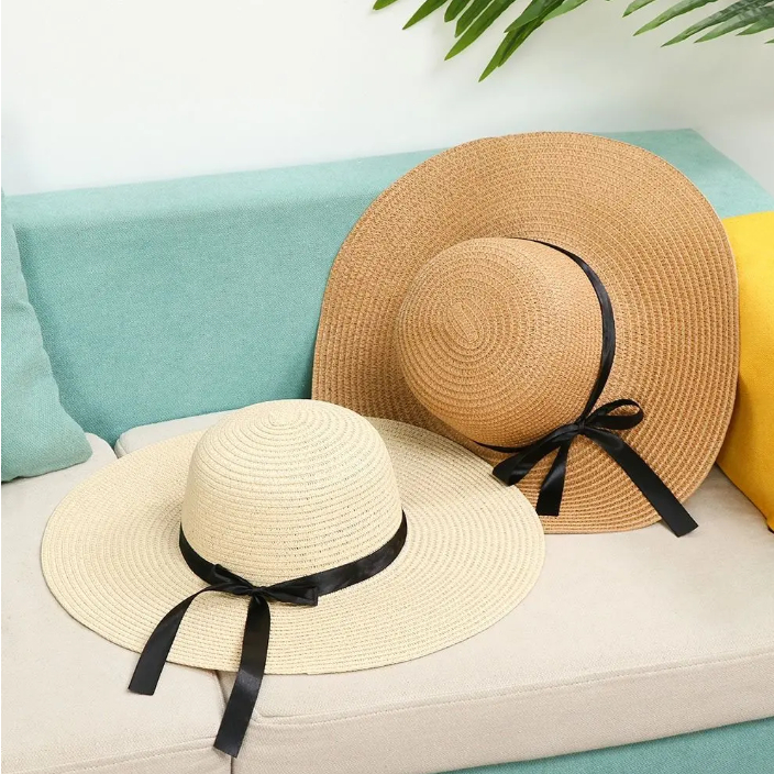 Topi Pantai Wanita Pinggiran Lebar / Topi Pantai Jerami Pita Polos / Premium Import / Korean Style