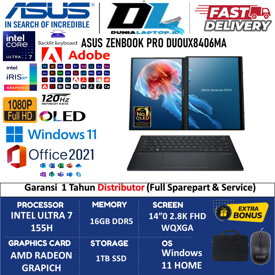 Asus Zenbook Pro DUO UX8406MA OLED Intel Ultra 7 155H 16GB DDR5 1TB SSD WUXGA 120HZ Win 11 Home