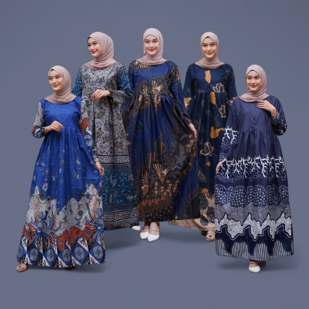 Gamis Batik Wanita Biru Navy Resleting Modern Ld 105 120 Tali Samping Muslimah Standar Jumbo