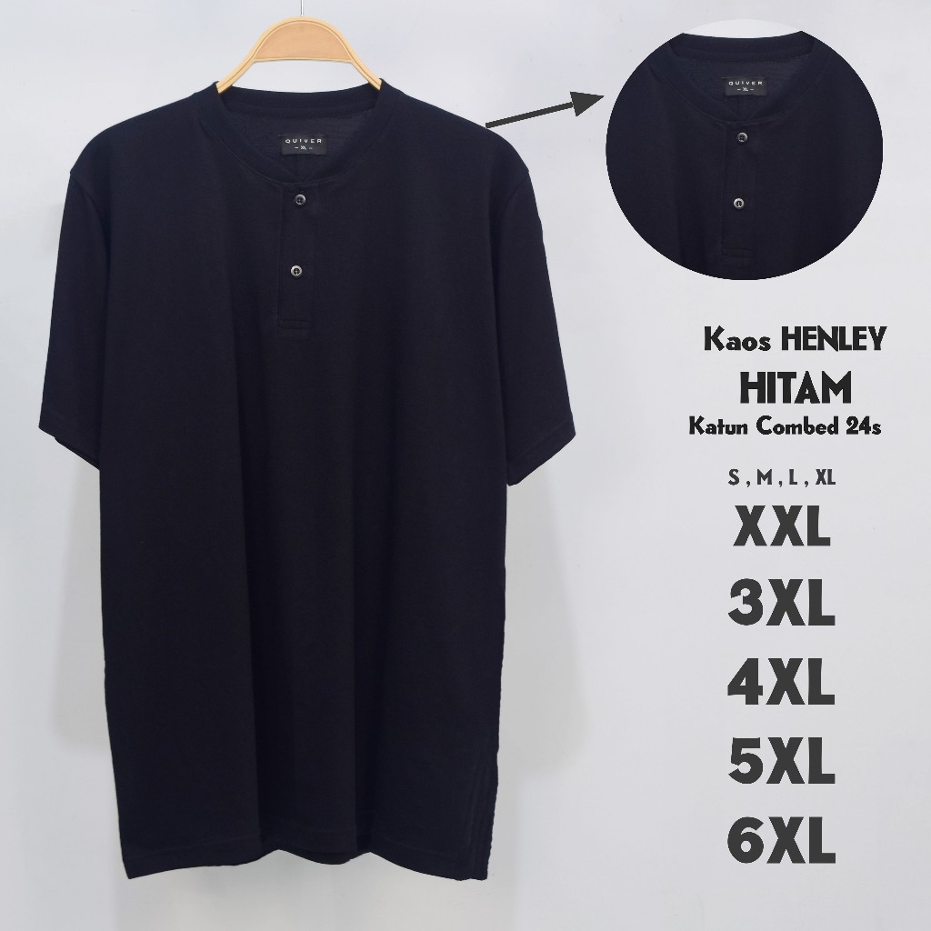 Kaos Polos Henley Kancing Jumbo Pria Hitam 24s Big Size S M L XL XXL 3XL 4XL 5XL 6XL