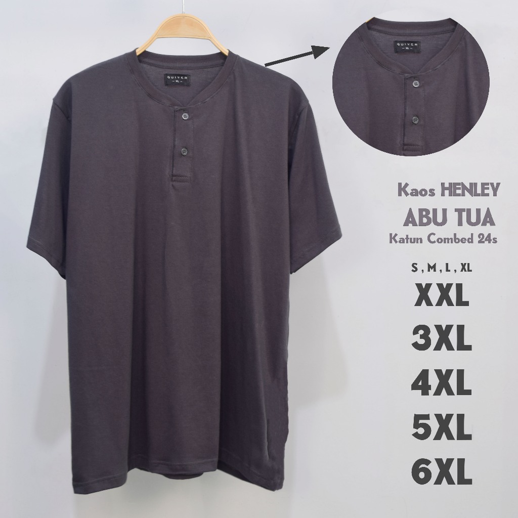 Kaos Polos Henley Kancing Jumbo Pria Abu Tua 24s Big Size S M L XL XXL 3XL 4XL 5XL 6XL