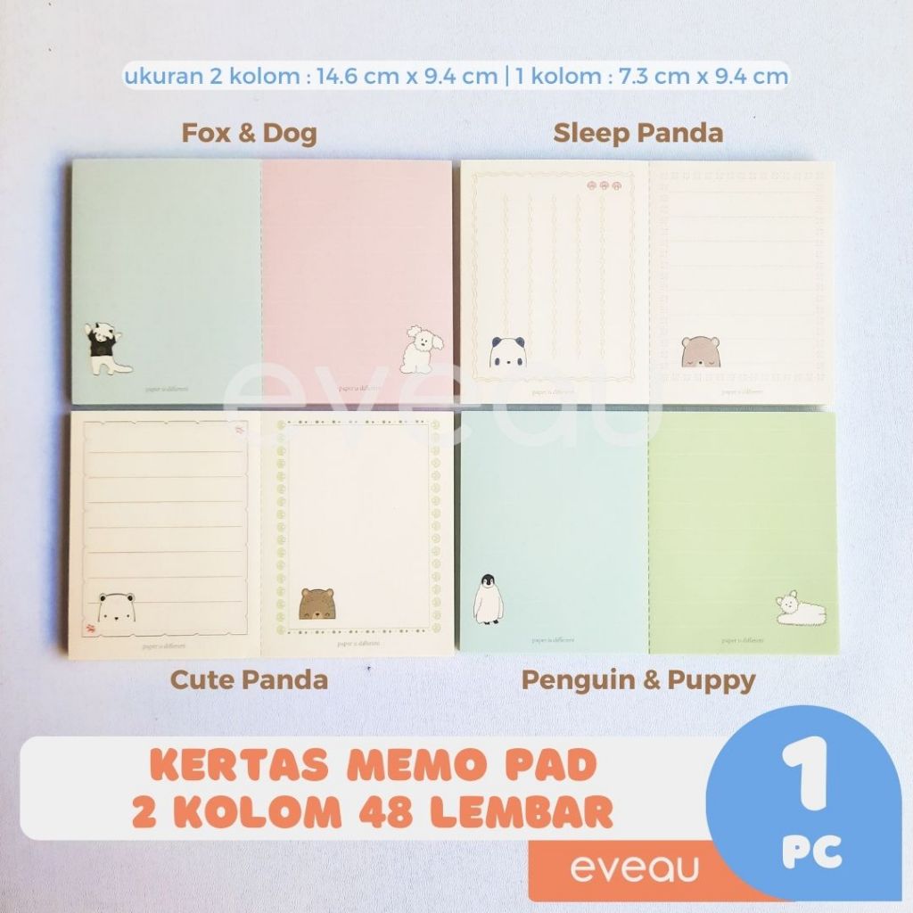 

Kertas Memo Pad Notepad 2 Kolom 48 Lembar Persegi Panjang Warna Pastel Hias Dekorasi Kreatifitas Media Tulis Anak Bergambar Hewan Panda Anjing Pinguin Rubah Beruang Animal Pet