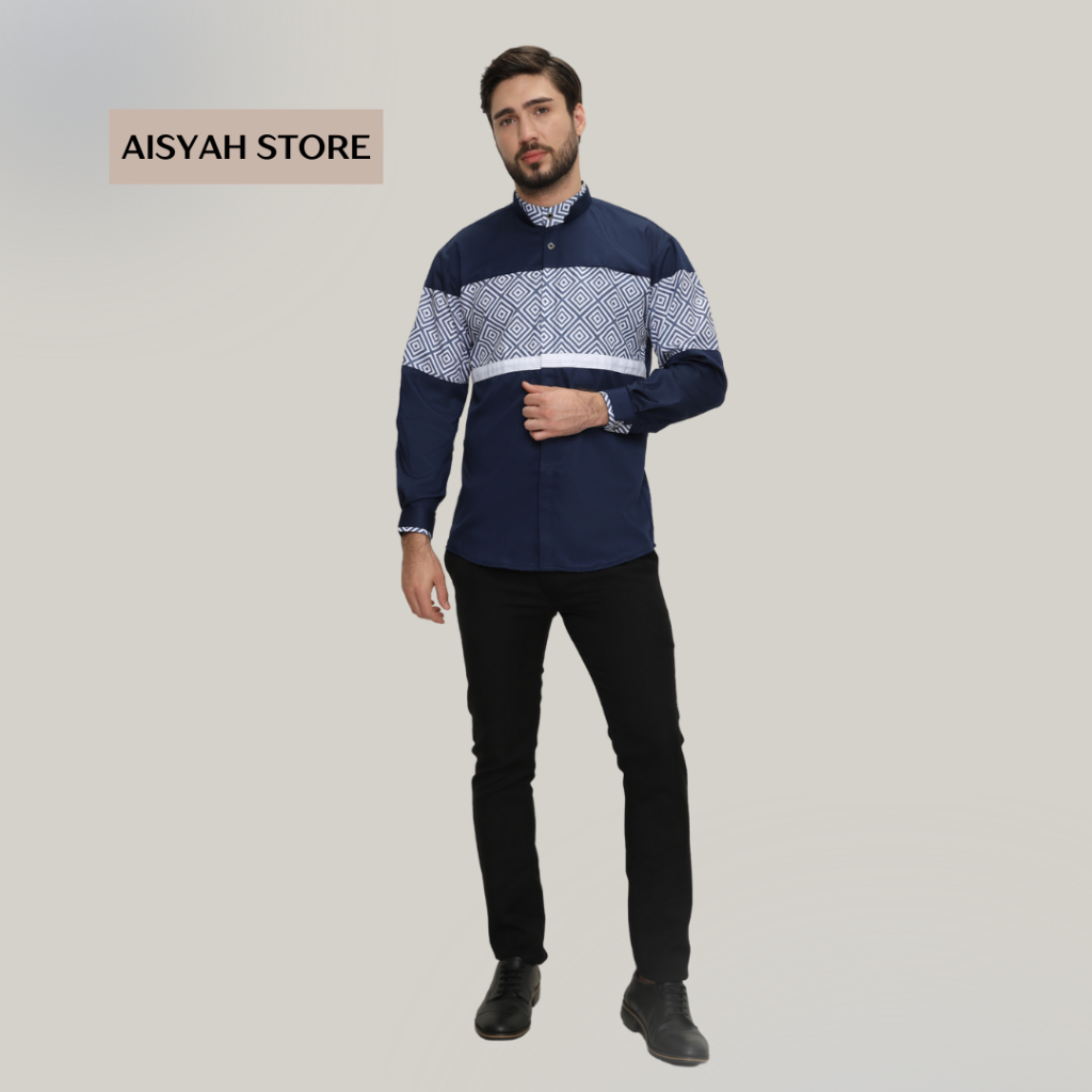Baju Taqwa Lengan Panjang Baju Koko Motif Kombinasi Polos Pakaian Muslim Pria President - Aisyah