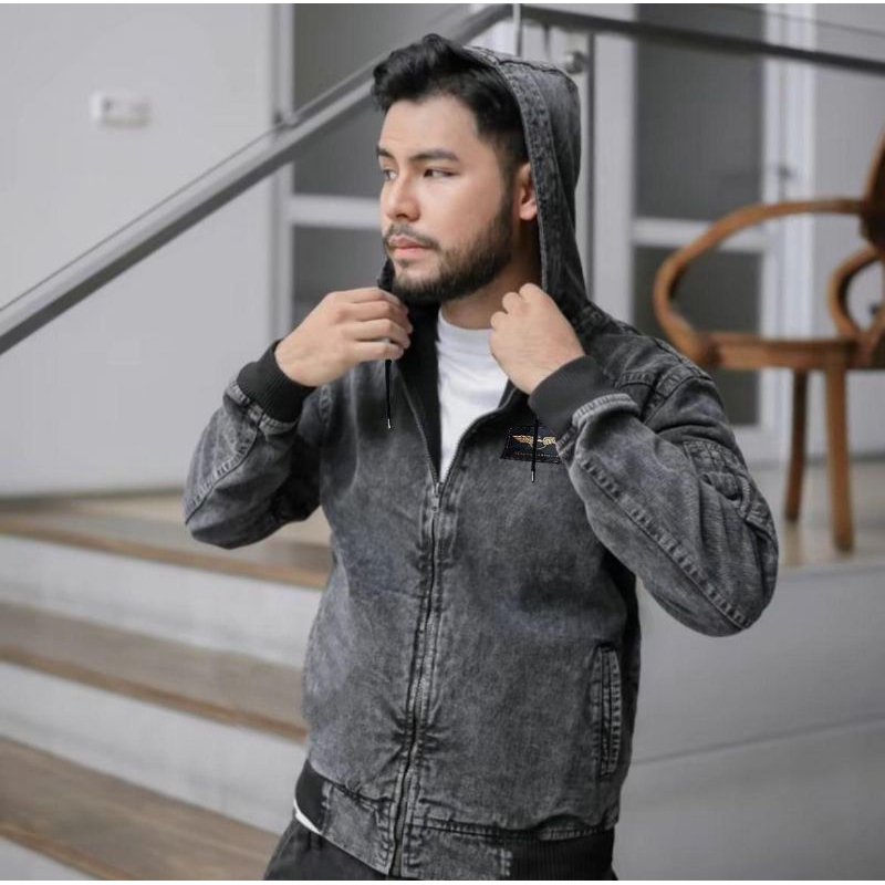 JAKET JEANS MOTIF BOMBER KUPLUK TERBARU LENGAN RIP KARENA PRIA CASUAL KEREN TEBAL