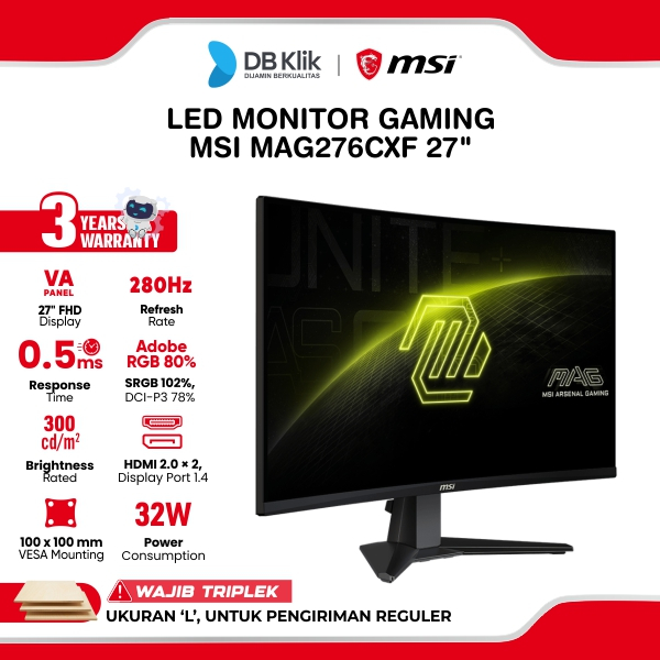 MSI LED Monitor Gaming MAG 276CXF 27" Rapid VA FHD 280Hz 0.5ms Adaptive Sync HDR HDMI DP