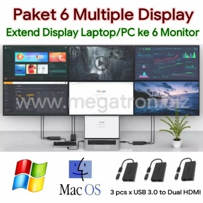 Paket Extend Monitor 6 Display (tampil beda-beda) - Support Windows dan Mac OS