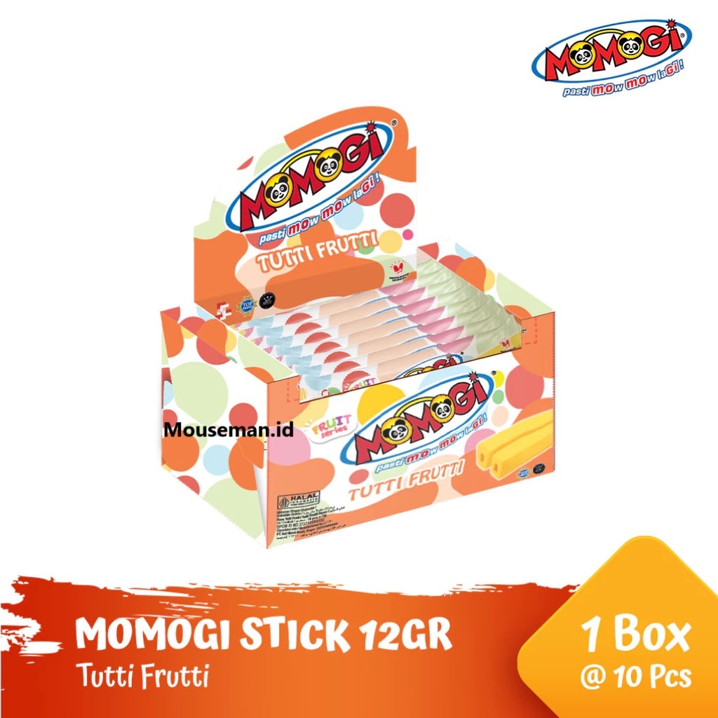 

MOMOGI Stick Makanan Ringan Ekstrudat - Netto 10 pcs x 12 gr Rasa Tutti Frutti 1 Dus