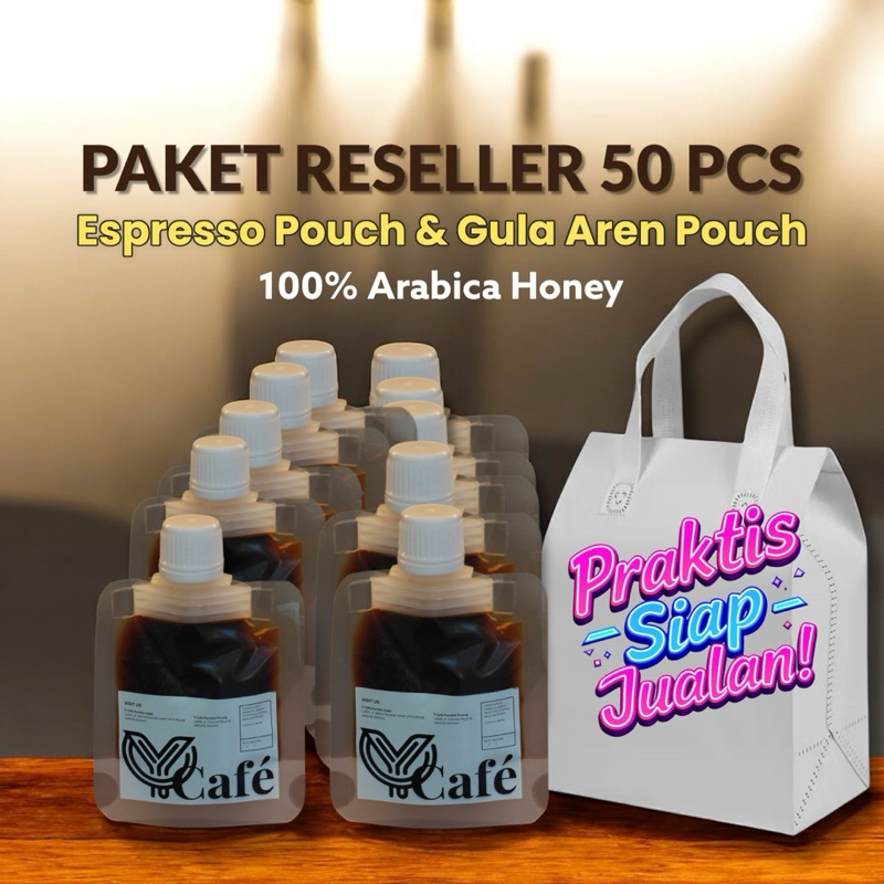 

Kopi Espresso Pouch Paket Bundling Reseller Arabica Honey by Y Cafe Pondok Indah - Double Shot Espresso - Gula Aren Pouch - Isi 50 pcs