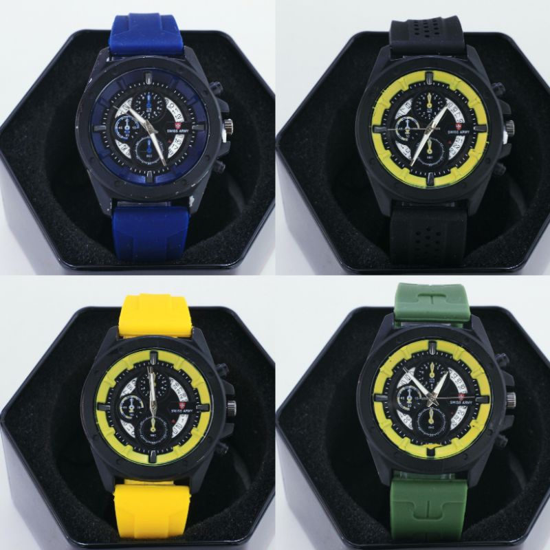 ( COD ) Jam Tangan Pria Swiss Army Tanggal Aktif Tali Rubber Body Bulat Chrono Free Box