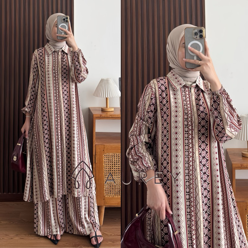 Aurey one set tunik rayon tiora setelan rayon motif kekinian set celana rayon jumbo