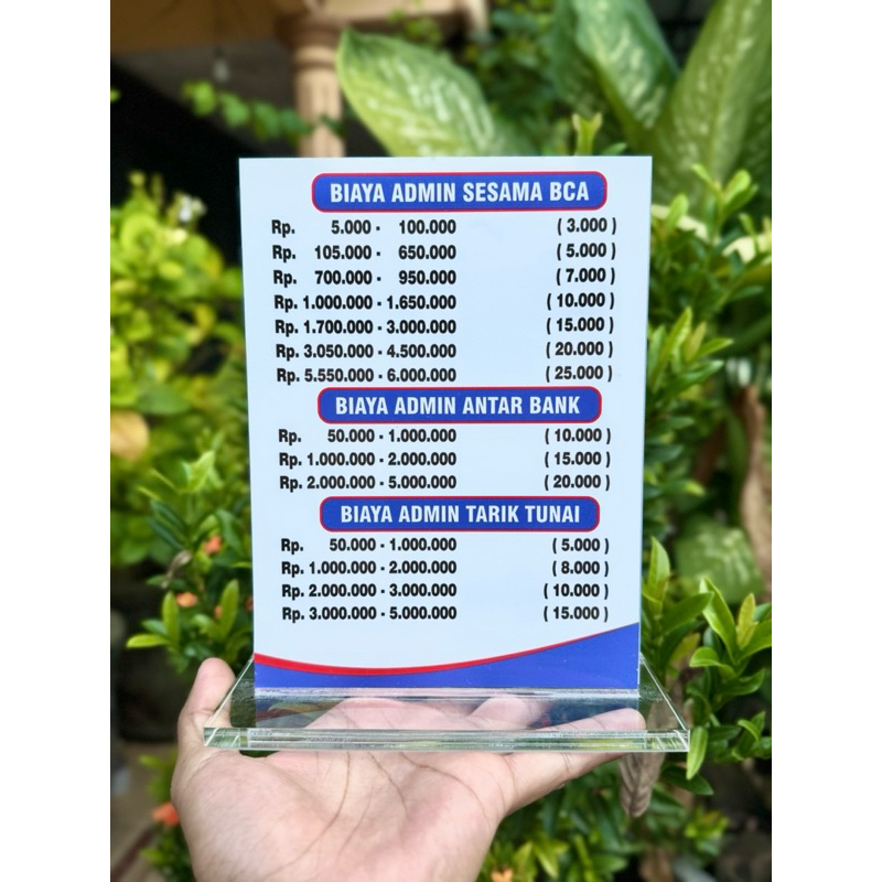 

PAPAN MEJA AKRILIK AGEN BANK UKURAN 15x20cm TEBAL BISA CUSTOM / RUBAH BIAYA LAYANAN TARIF
