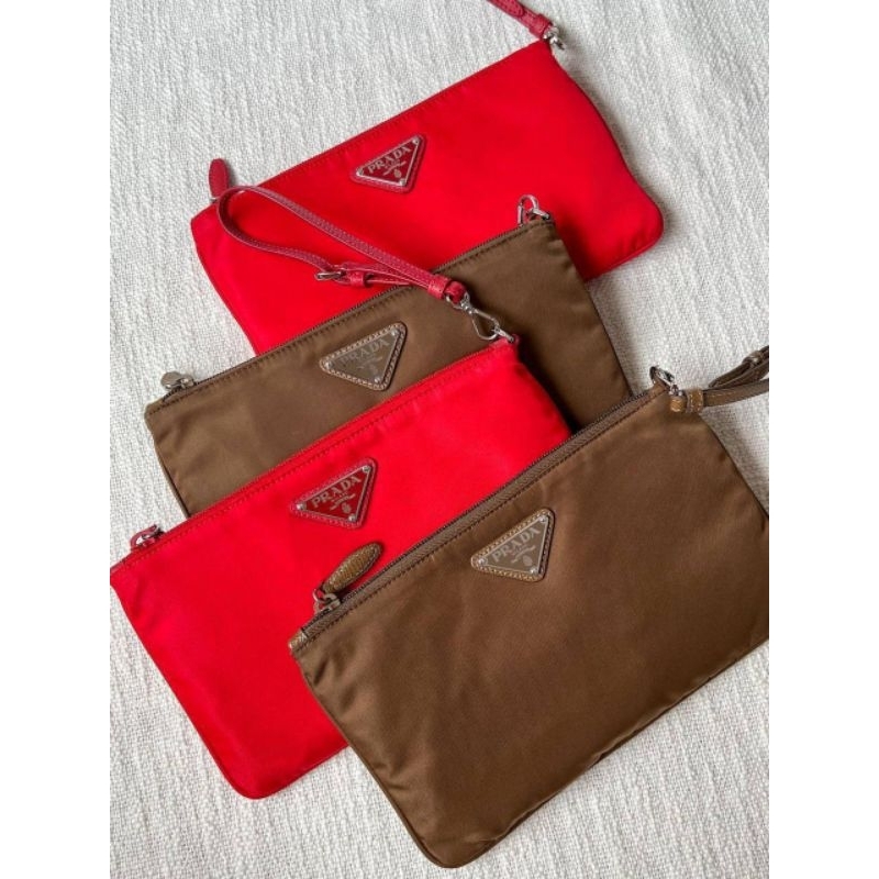 Ready New Prada nylon pouch- brown 
- red