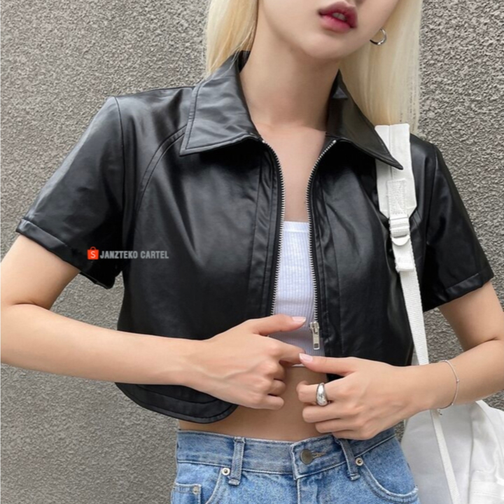 JNK x DAJI - Jaket Crop Top Wanita Kulit Sintetis Viena Imitasi PU Leather Jacket Vintage Zipper Len