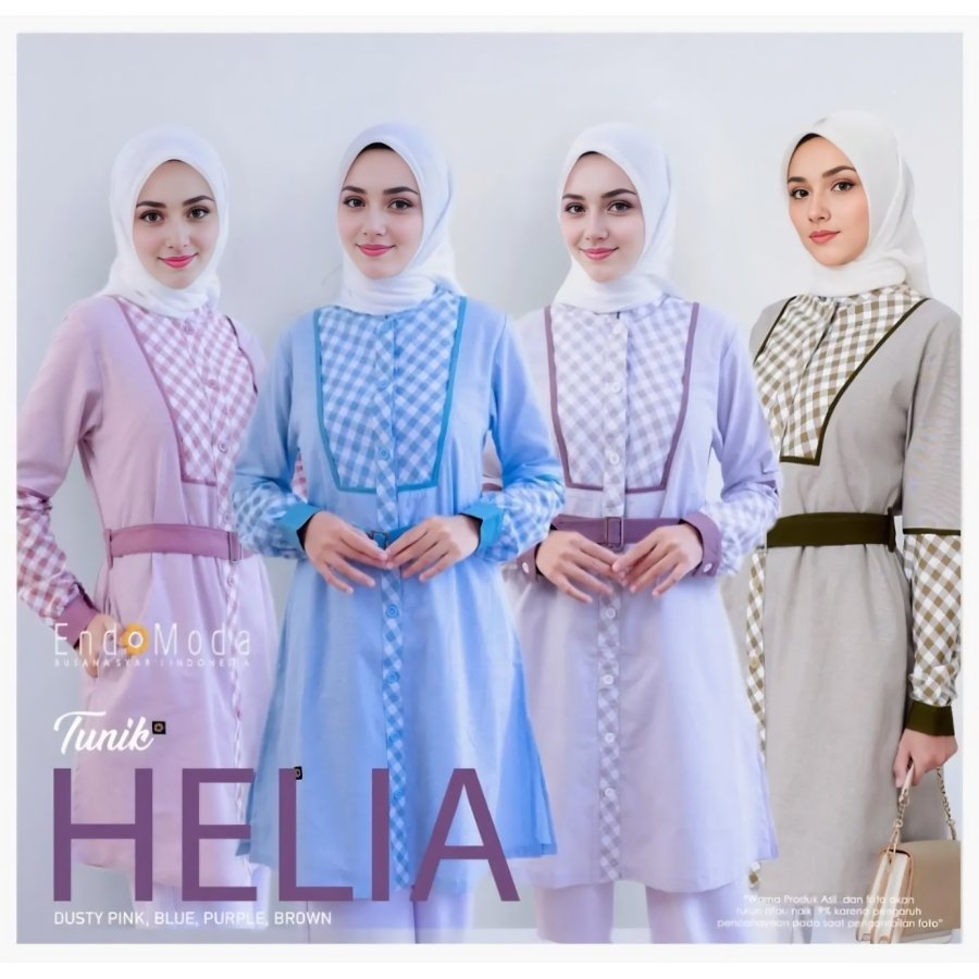 Atasan Tunik Panjang Wanita Muslimah Kekinian Motif Kotak Tunik Helia OOTD Hangout Ngampus Kerja