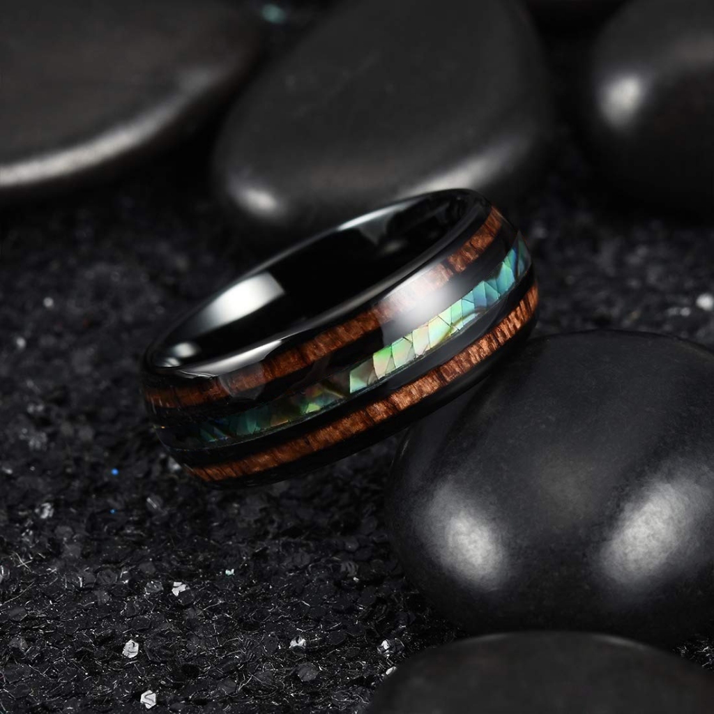 Cincin 3 Baris Corak Coklat Kayu Hitam  / Cincin List Kayu Stainless 8 mm Pria Wanita Simple Casual 