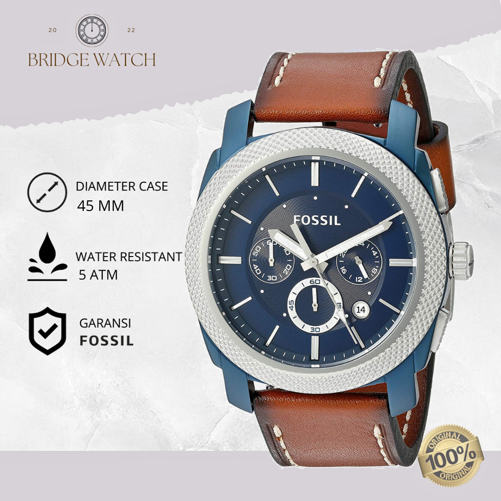 Jam Tangan Pria Fossil Machine FS5232 Original Chronograph Brown Leather Analog Strap Kulit Cowok Wa
