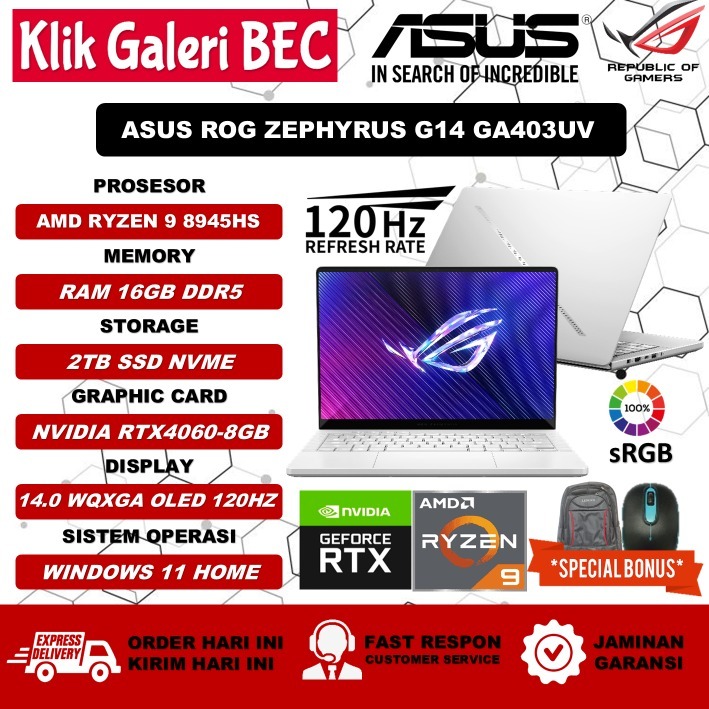Laptop Ultra Gaming Asus ROG Zephyrus G14 GA403UV Amd Ryzen 9 8945HS 16GB DDR5 2TB SSD RTX4060-8GB 1