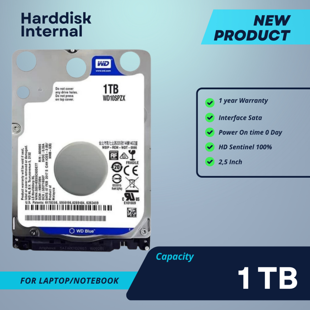 Hardisk 1TB WD Blue Slim Sata 2,5" Baru 0 Days -Hdd 1TB For Laptop Notebook ps