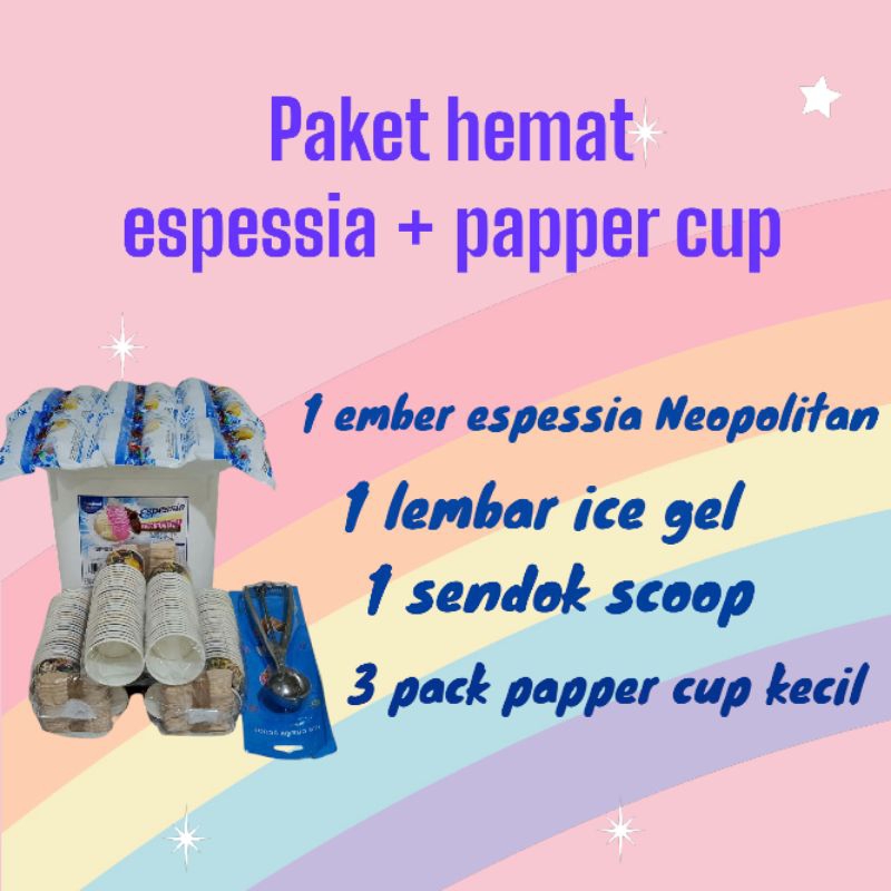 

paket hemat ice cream espessia neopolitan 8 liter + papper cup / ice cream indoeskrim / paket eskrim ulang tahun / paket sunatan / es krim murah bekasi