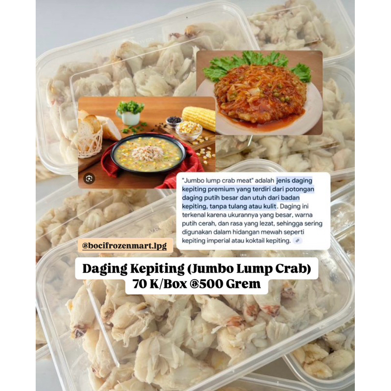 

PREMIUM DAGING KEPITING SUPER (JUMBO LUMP CRAB) @500 GRAM