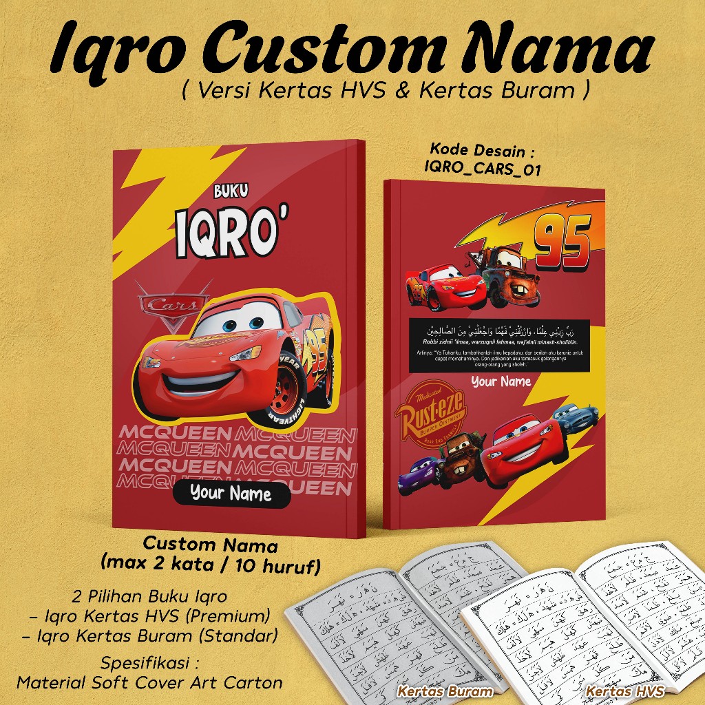 IQRO ANAK CUSTOM NAMA / BUKU IQRO GAMBAR CARS SOFTCOVER LENGKAP IQRO 1 - 6 DESAIN KARAKTER KARTUN CA