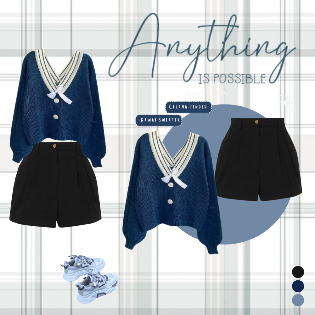 Ootd Wanita Kekinian_Sweater Rajut Denim Pita+Celana Katun Hitam_UW0015