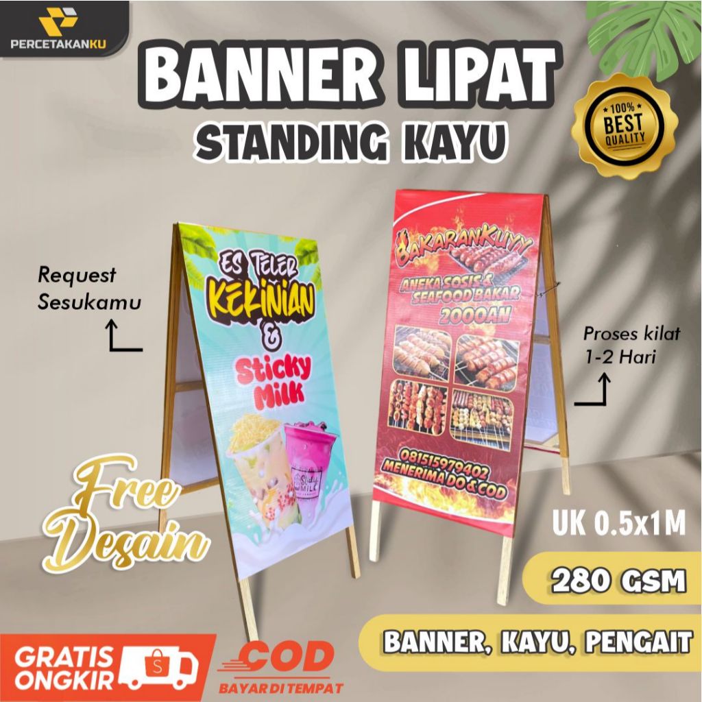 Cetak Banner Lipat / standing banner kayu Custom Desain Free