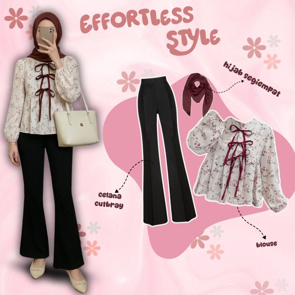 One Set Wanita 3in1 Loosepants + Blouse + Hijab | Setelan Wanita Feminine Modis Elegan Ala Selebgram